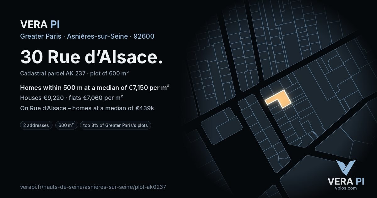30 Rue d’Alsace, Asnières-sur-Seine at night – the plot lit, the parcels around coloured by the prices near them