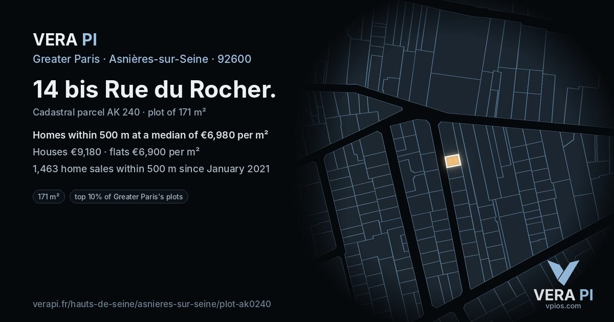 14 bis Rue du Rocher, Asnières-sur-Seine at night – the plot lit, the parcels around coloured by the prices near them