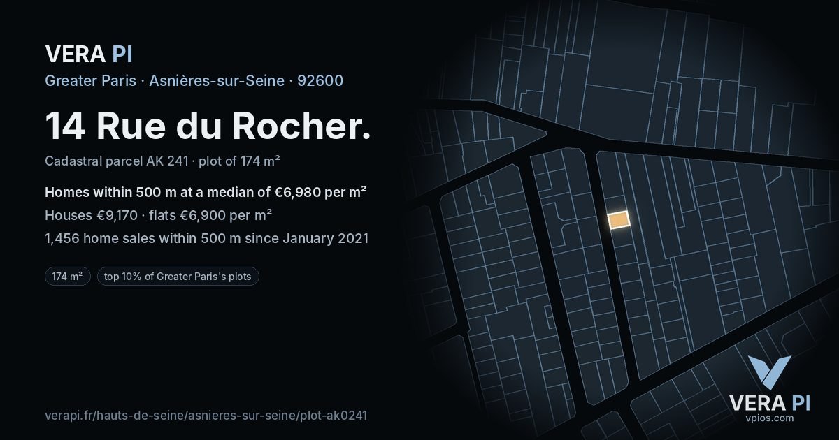 14 Rue du Rocher, Asnières-sur-Seine at night – the plot lit, the parcels around coloured by the prices near them