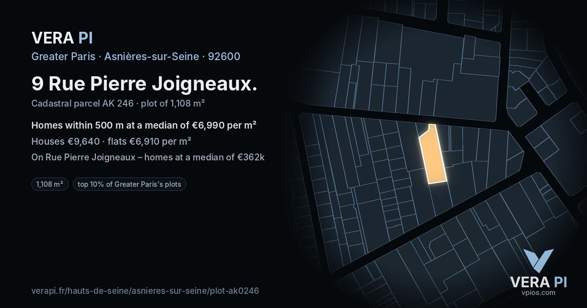9 Rue Pierre Joigneaux, Asnières-sur-Seine at night – the plot lit, the parcels around coloured by the prices near them