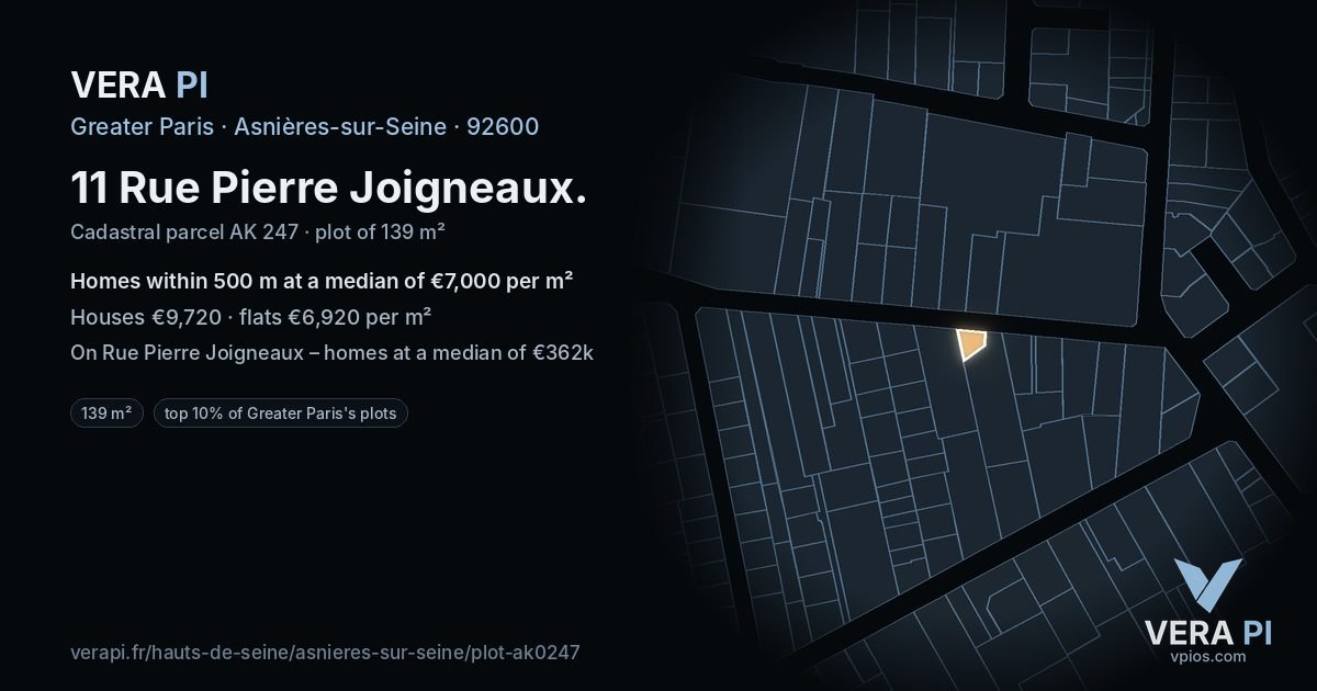 11 Rue Pierre Joigneaux, Asnières-sur-Seine at night – the plot lit, the parcels around coloured by the prices near them