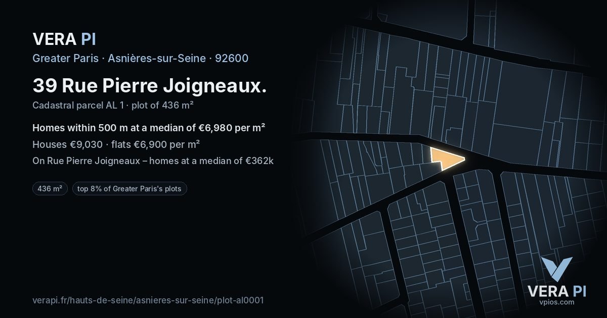 39 Rue Pierre Joigneaux, Asnières-sur-Seine at night – the plot lit, the parcels around coloured by the prices near them