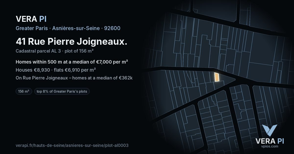 41 Rue Pierre Joigneaux, Asnières-sur-Seine at night – the plot lit, the parcels around coloured by the prices near them