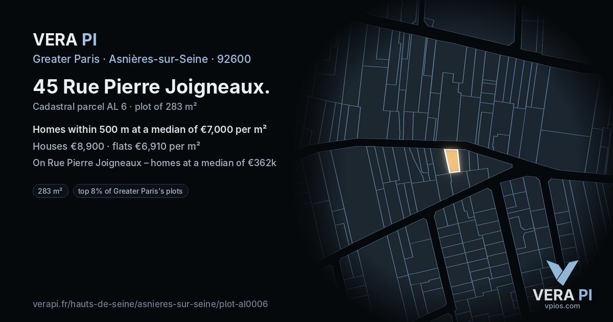 45 Rue Pierre Joigneaux, Asnières-sur-Seine at night – the plot lit, the parcels around coloured by the prices near them