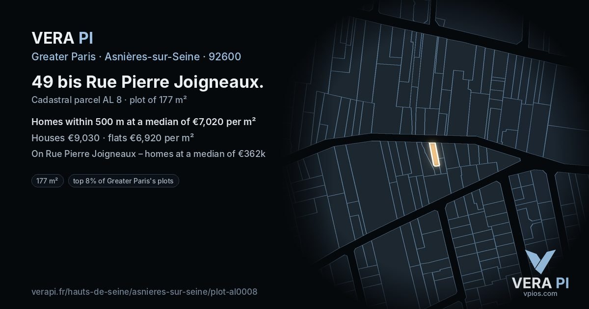 49 bis Rue Pierre Joigneaux, Asnières-sur-Seine at night – the plot lit, the parcels around coloured by the prices near them