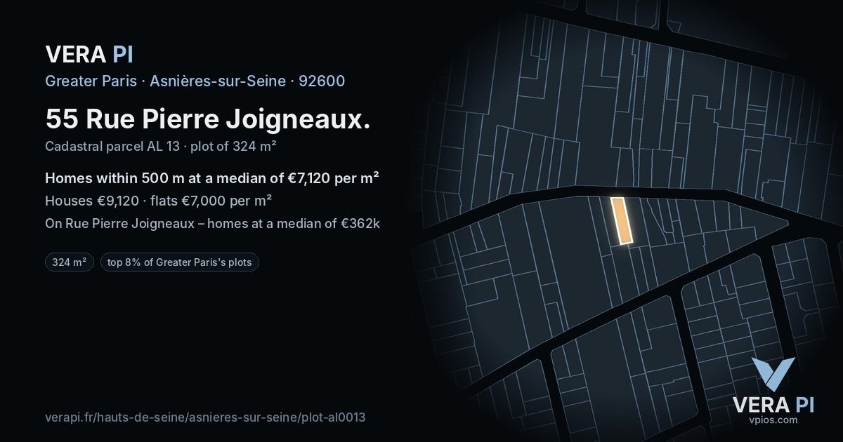 55 Rue Pierre Joigneaux, Asnières-sur-Seine at night – the plot lit, the parcels around coloured by the prices near them