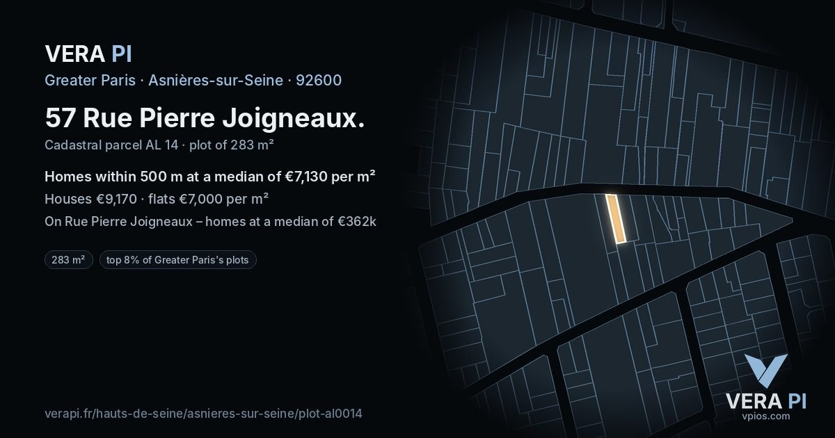 57 Rue Pierre Joigneaux, Asnières-sur-Seine at night – the plot lit, the parcels around coloured by the prices near them
