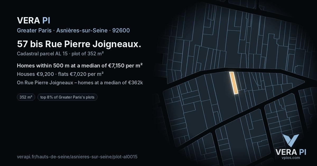 57 bis Rue Pierre Joigneaux, Asnières-sur-Seine at night – the plot lit, the parcels around coloured by the prices near them