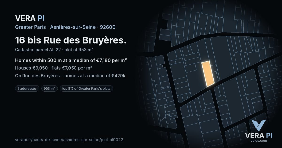 16 bis Rue des Bruyères, Asnières-sur-Seine at night – the plot lit, the parcels around coloured by the prices near them