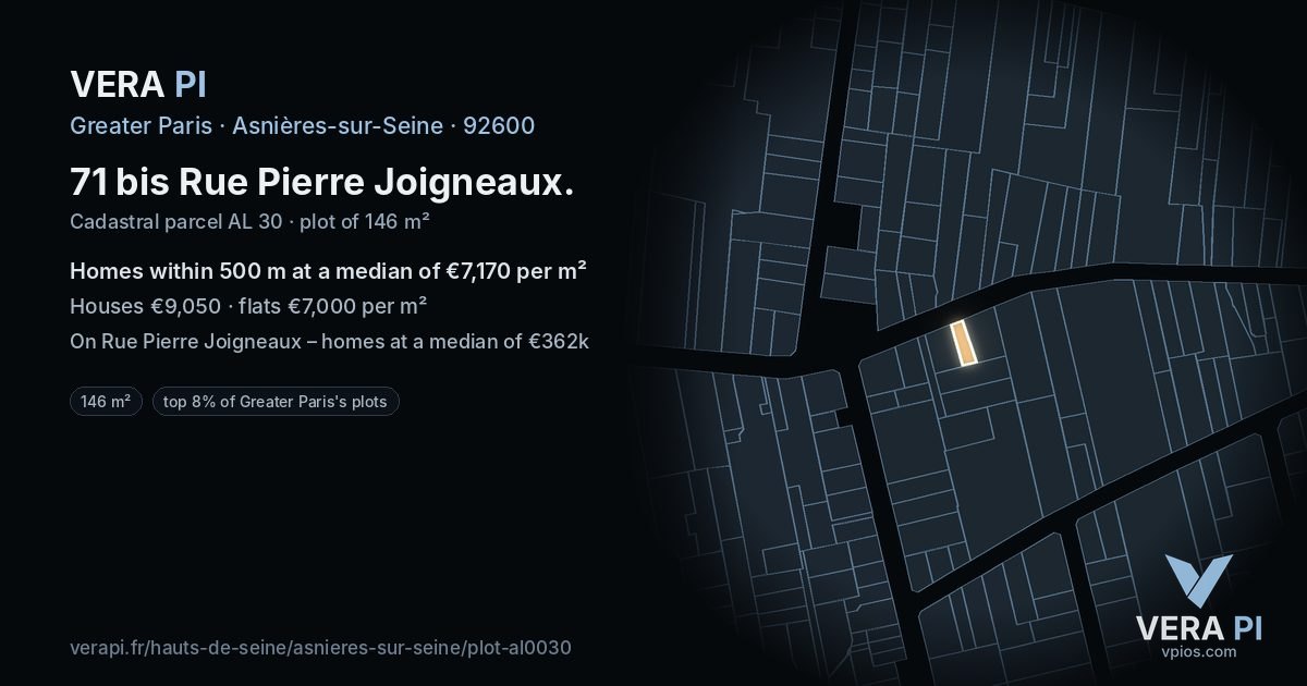 71 bis Rue Pierre Joigneaux, Asnières-sur-Seine at night – the plot lit, the parcels around coloured by the prices near them