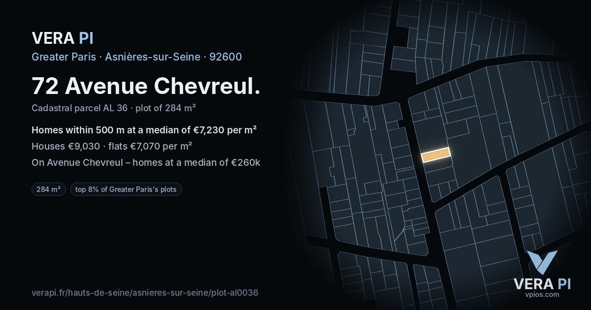 72 Avenue Chevreul, Asnières-sur-Seine at night – the plot lit, the parcels around coloured by the prices near them
