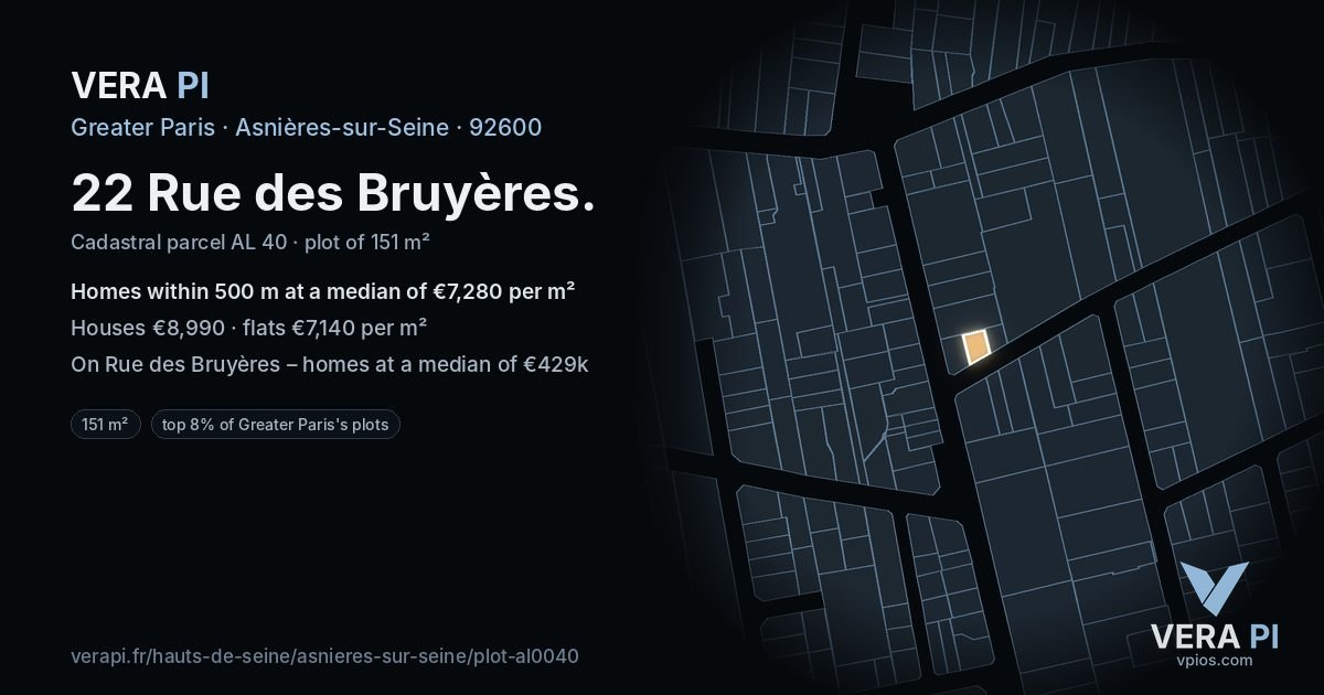 22 Rue des Bruyères, Asnières-sur-Seine at night – the plot lit, the parcels around coloured by the prices near them
