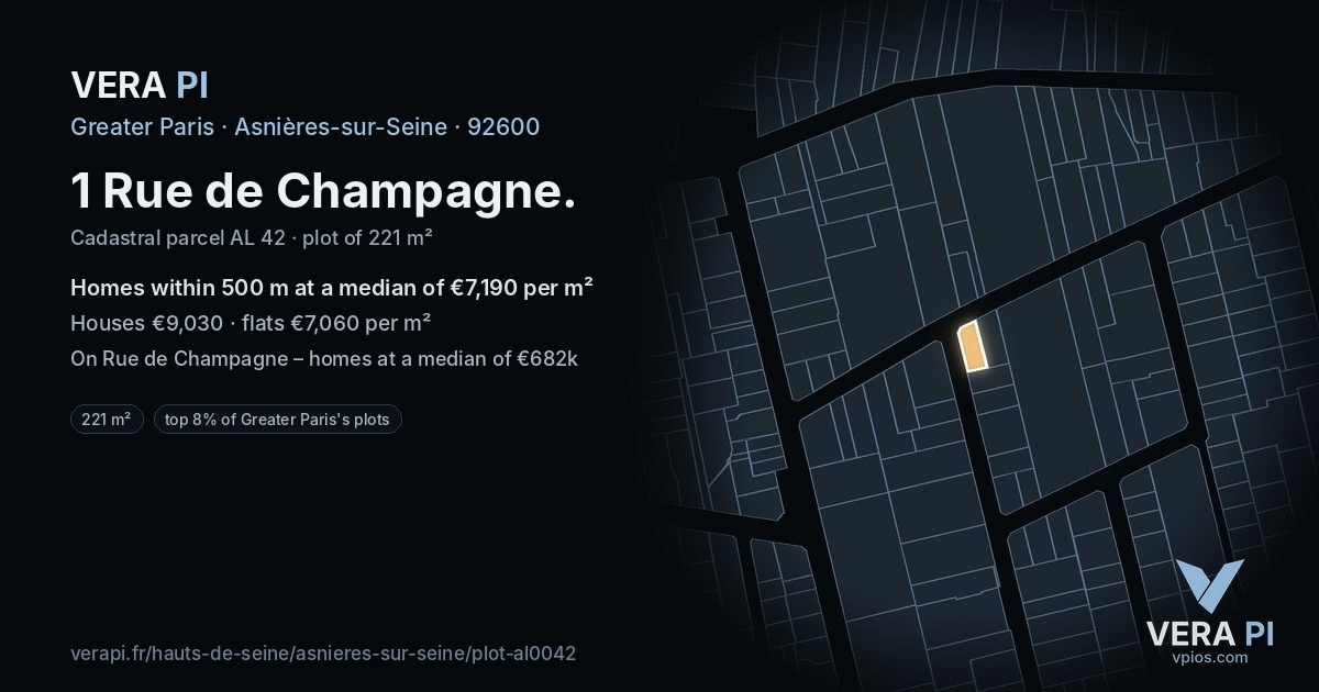 1 Rue de Champagne, Asnières-sur-Seine at night – the plot lit, the parcels around coloured by the prices near them