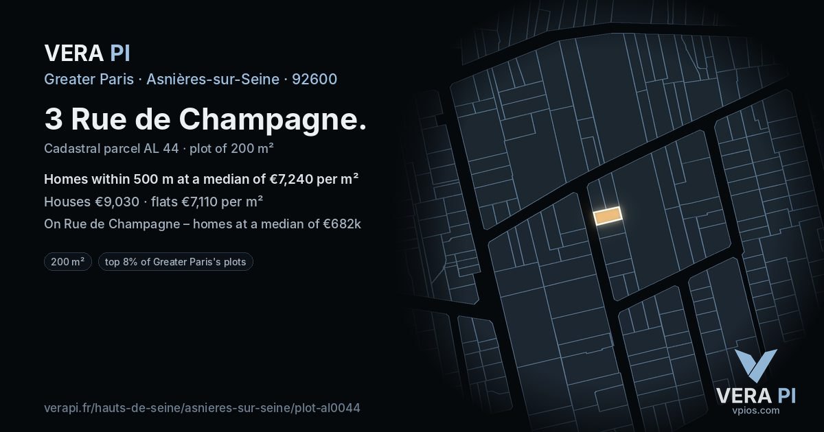 3 Rue de Champagne, Asnières-sur-Seine at night – the plot lit, the parcels around coloured by the prices near them