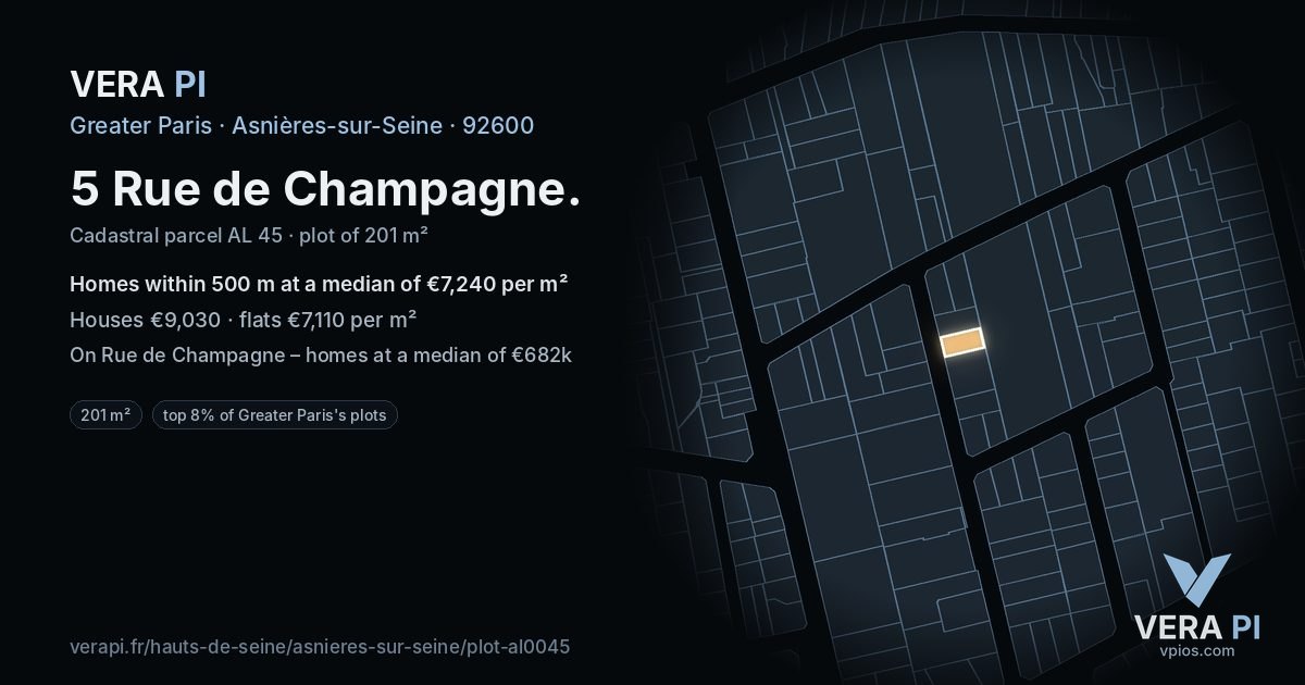 5 Rue de Champagne, Asnières-sur-Seine at night – the plot lit, the parcels around coloured by the prices near them