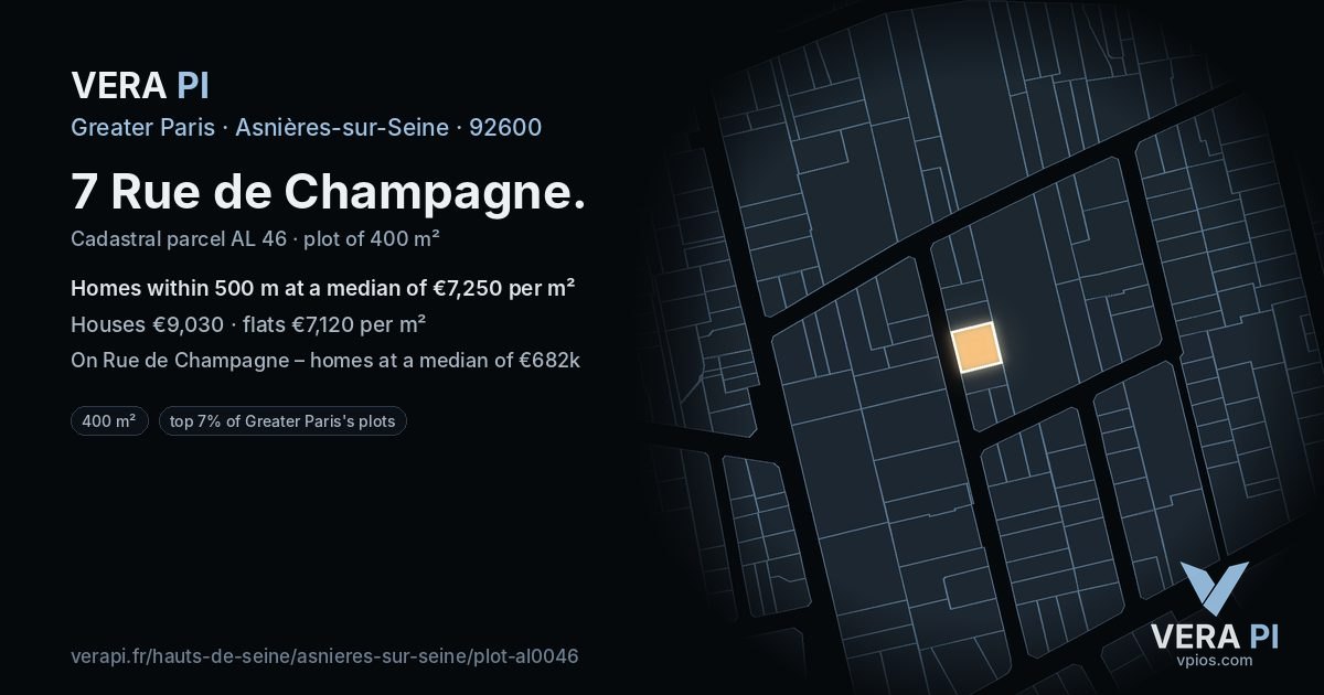 7 Rue de Champagne, Asnières-sur-Seine at night – the plot lit, the parcels around coloured by the prices near them