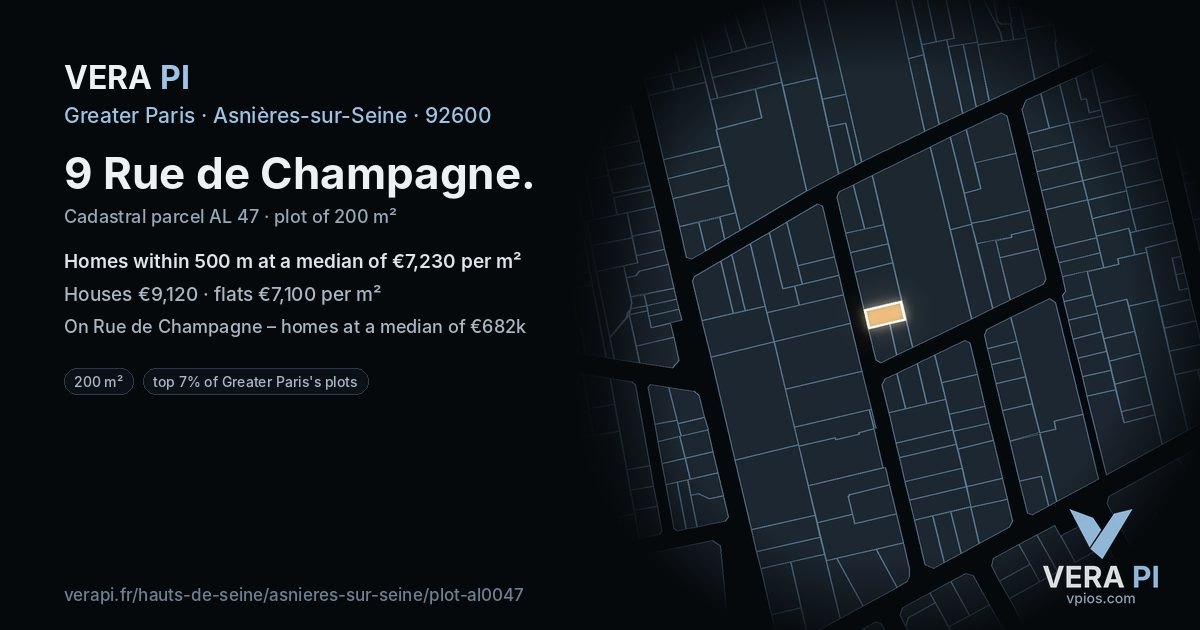9 Rue de Champagne, Asnières-sur-Seine at night – the plot lit, the parcels around coloured by the prices near them
