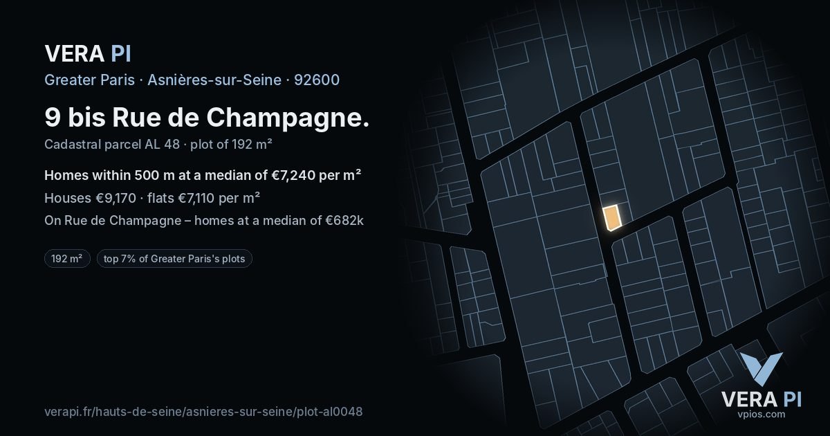 9 bis Rue de Champagne, Asnières-sur-Seine at night – the plot lit, the parcels around coloured by the prices near them