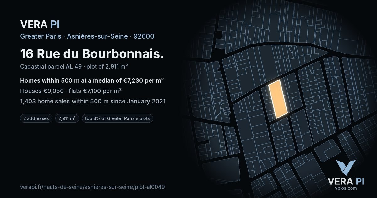 16 Rue du Bourbonnais, Asnières-sur-Seine at night – the plot lit, the parcels around coloured by the prices near them