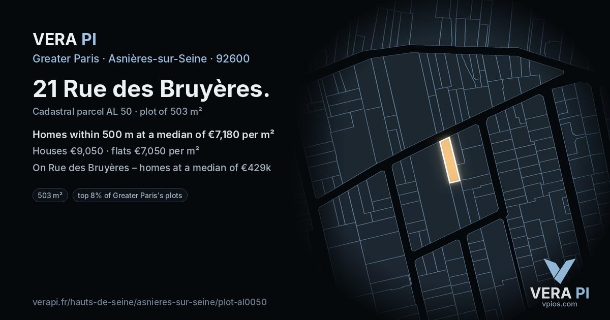 21 Rue des Bruyères, Asnières-sur-Seine at night – the plot lit, the parcels around coloured by the prices near them