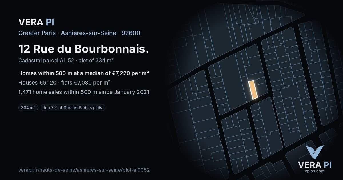 12 Rue du Bourbonnais, Asnières-sur-Seine at night – the plot lit, the parcels around coloured by the prices near them