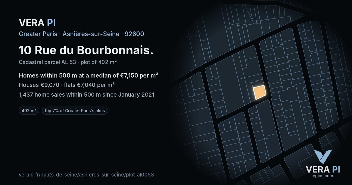 10 Rue du Bourbonnais, Asnières-sur-Seine at night – the plot lit, the parcels around coloured by the prices near them
