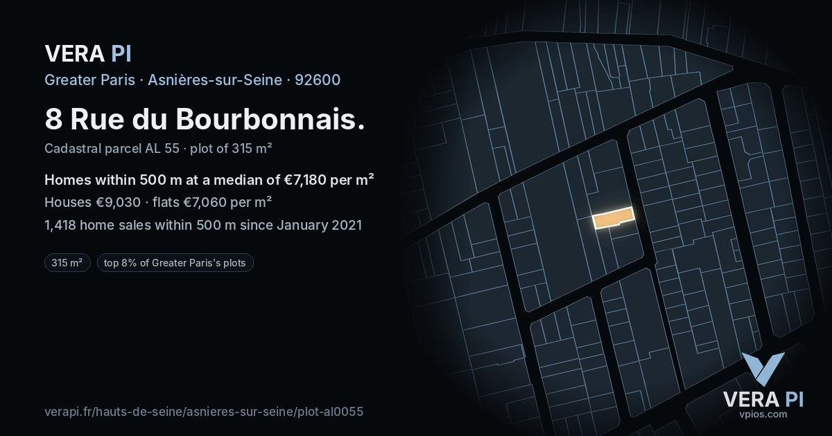 8 Rue du Bourbonnais, Asnières-sur-Seine at night – the plot lit, the parcels around coloured by the prices near them