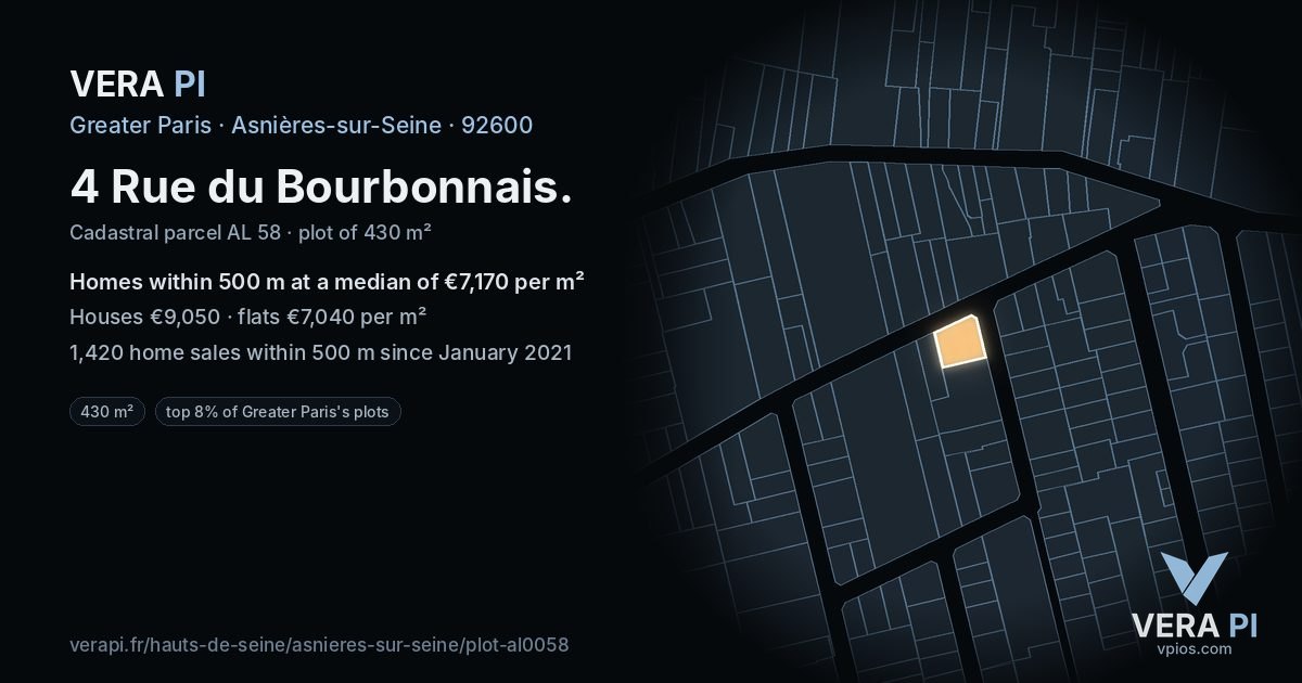 4 Rue du Bourbonnais, Asnières-sur-Seine at night – the plot lit, the parcels around coloured by the prices near them