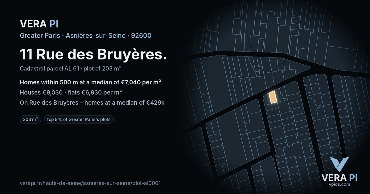 11 Rue des Bruyères, Asnières-sur-Seine at night – the plot lit, the parcels around coloured by the prices near them