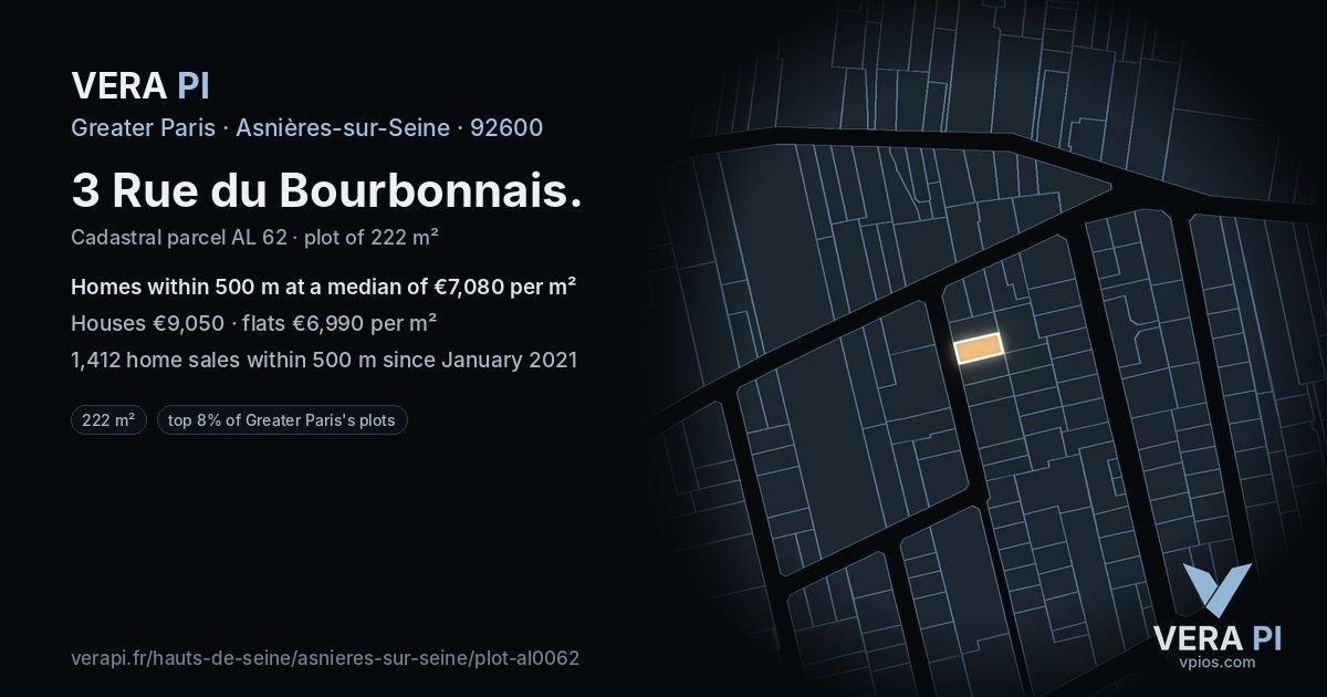 3 Rue du Bourbonnais, Asnières-sur-Seine at night – the plot lit, the parcels around coloured by the prices near them
