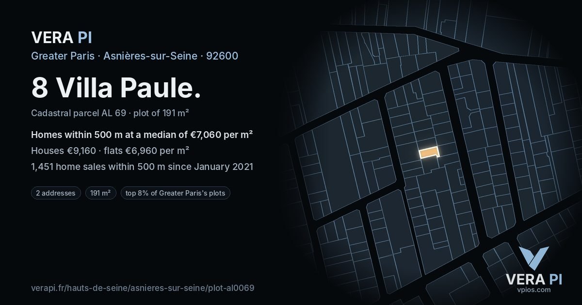 8 Villa Paule, Asnières-sur-Seine at night – the plot lit, the parcels around coloured by the prices near them