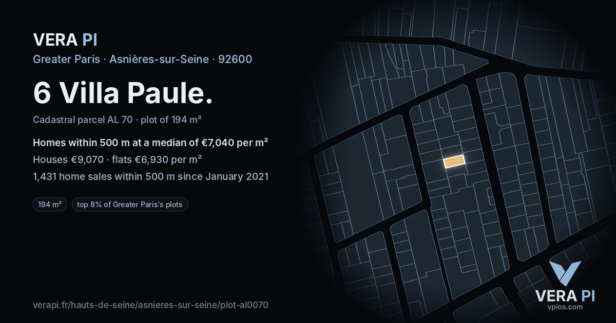 6 Villa Paule, Asnières-sur-Seine at night – the plot lit, the parcels around coloured by the prices near them