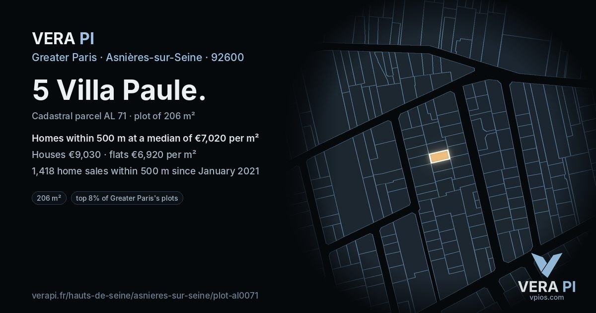 5 Villa Paule, Asnières-sur-Seine at night – the plot lit, the parcels around coloured by the prices near them