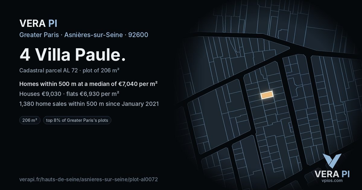 4 Villa Paule, Asnières-sur-Seine at night – the plot lit, the parcels around coloured by the prices near them