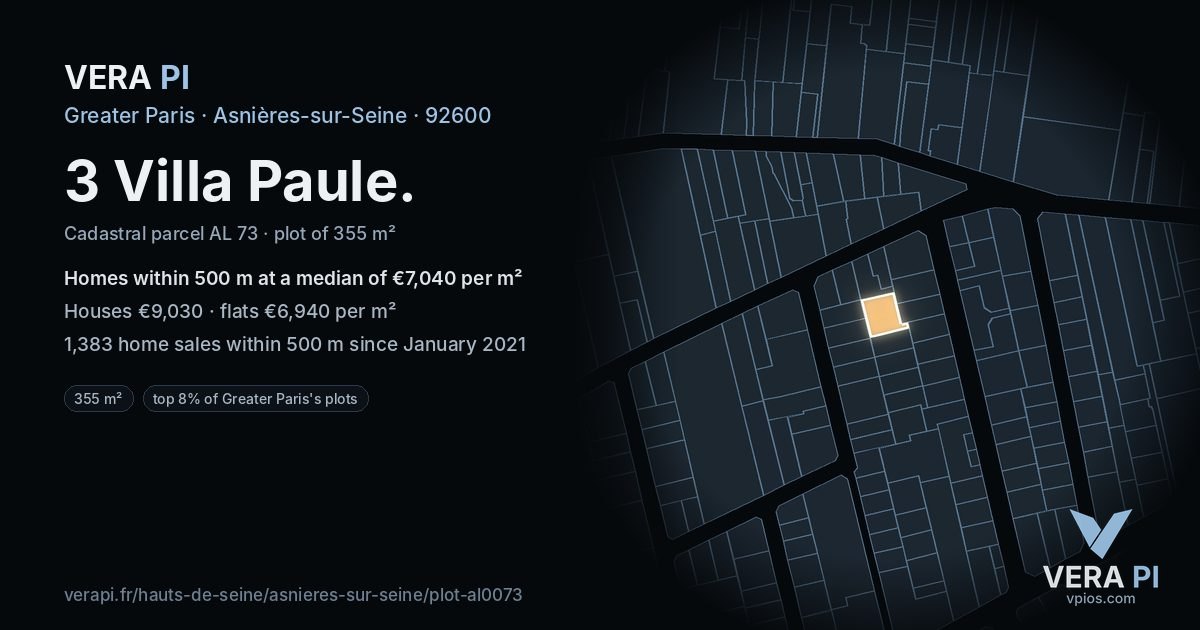 3 Villa Paule, Asnières-sur-Seine at night – the plot lit, the parcels around coloured by the prices near them
