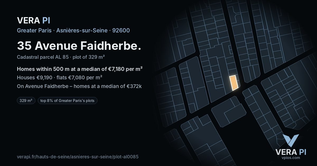 35 Avenue Faidherbe, Asnières-sur-Seine at night – the plot lit, the parcels around coloured by the prices near them