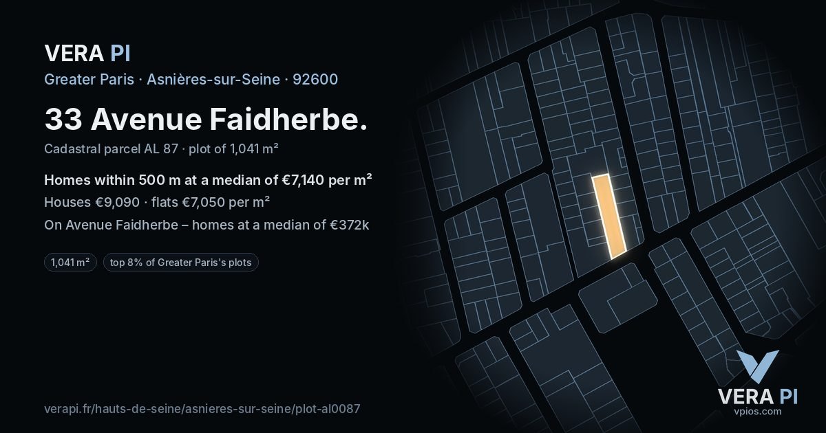 33 Avenue Faidherbe, Asnières-sur-Seine at night – the plot lit, the parcels around coloured by the prices near them