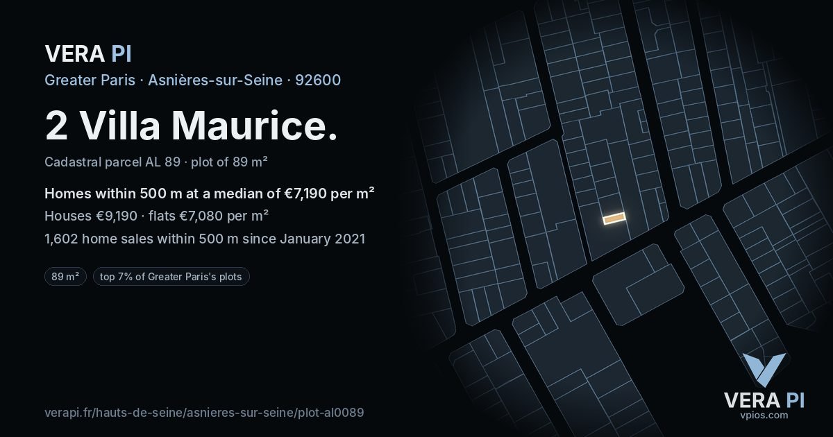 2 Villa Maurice, Asnières-sur-Seine at night – the plot lit, the parcels around coloured by the prices near them
