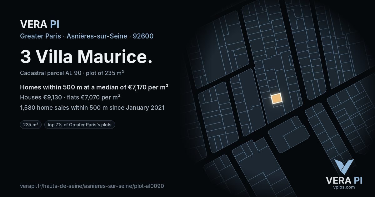 3 Villa Maurice, Asnières-sur-Seine at night – the plot lit, the parcels around coloured by the prices near them