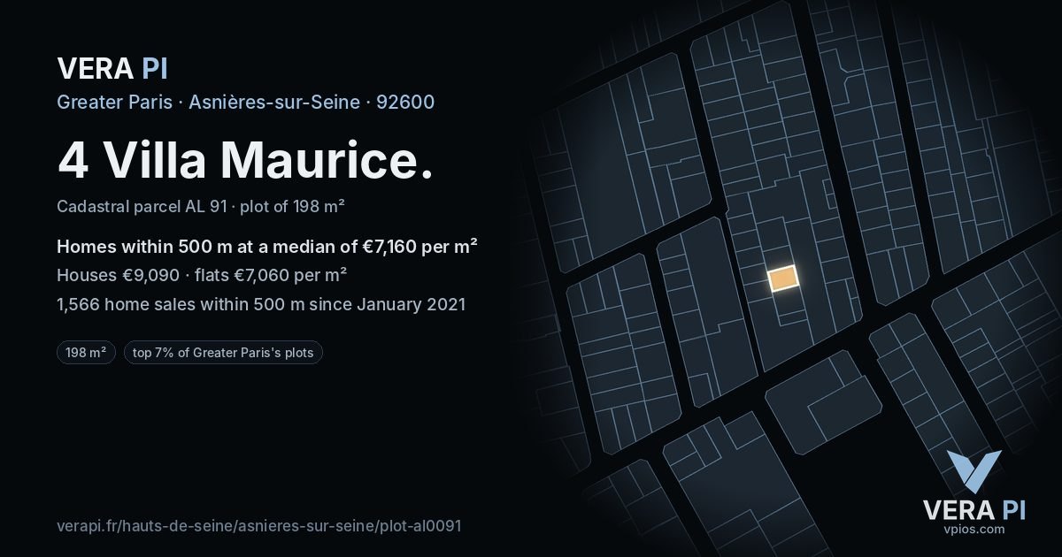 4 Villa Maurice, Asnières-sur-Seine at night – the plot lit, the parcels around coloured by the prices near them