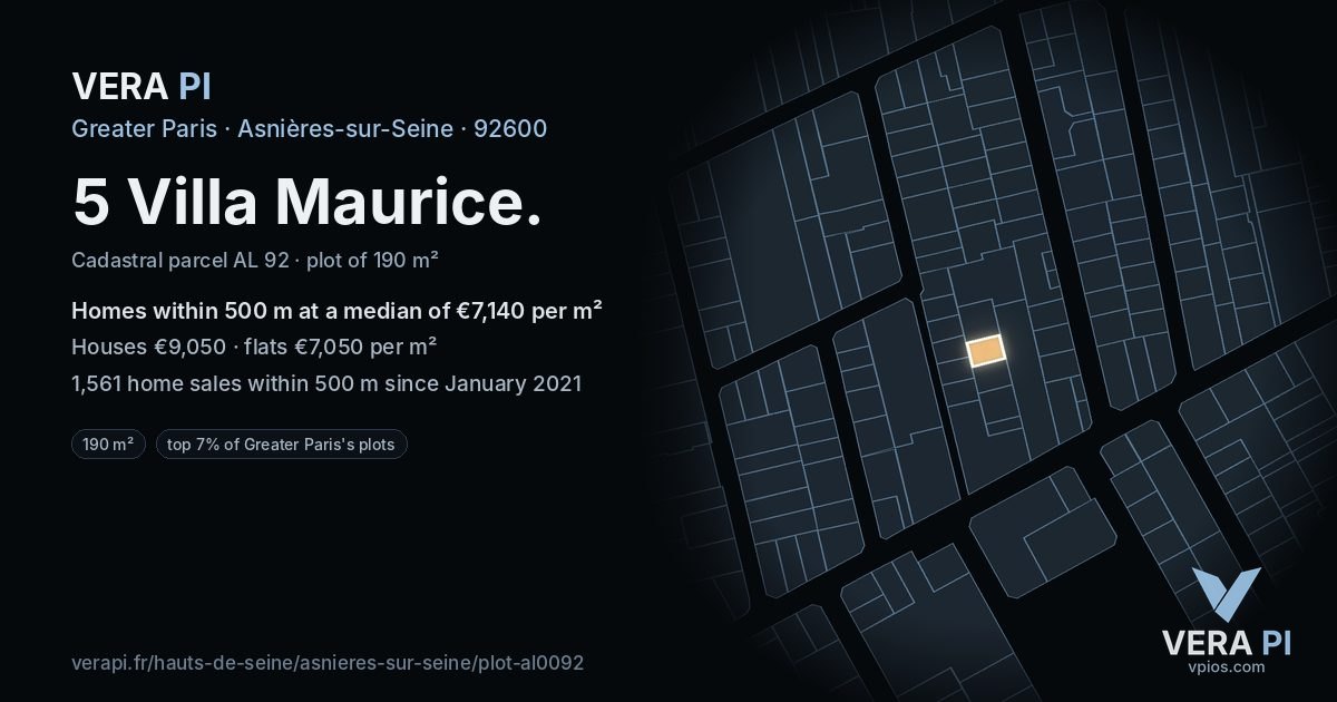 5 Villa Maurice, Asnières-sur-Seine at night – the plot lit, the parcels around coloured by the prices near them