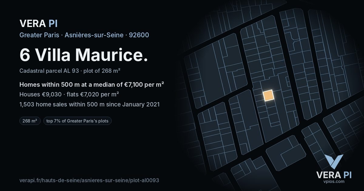 6 Villa Maurice, Asnières-sur-Seine at night – the plot lit, the parcels around coloured by the prices near them