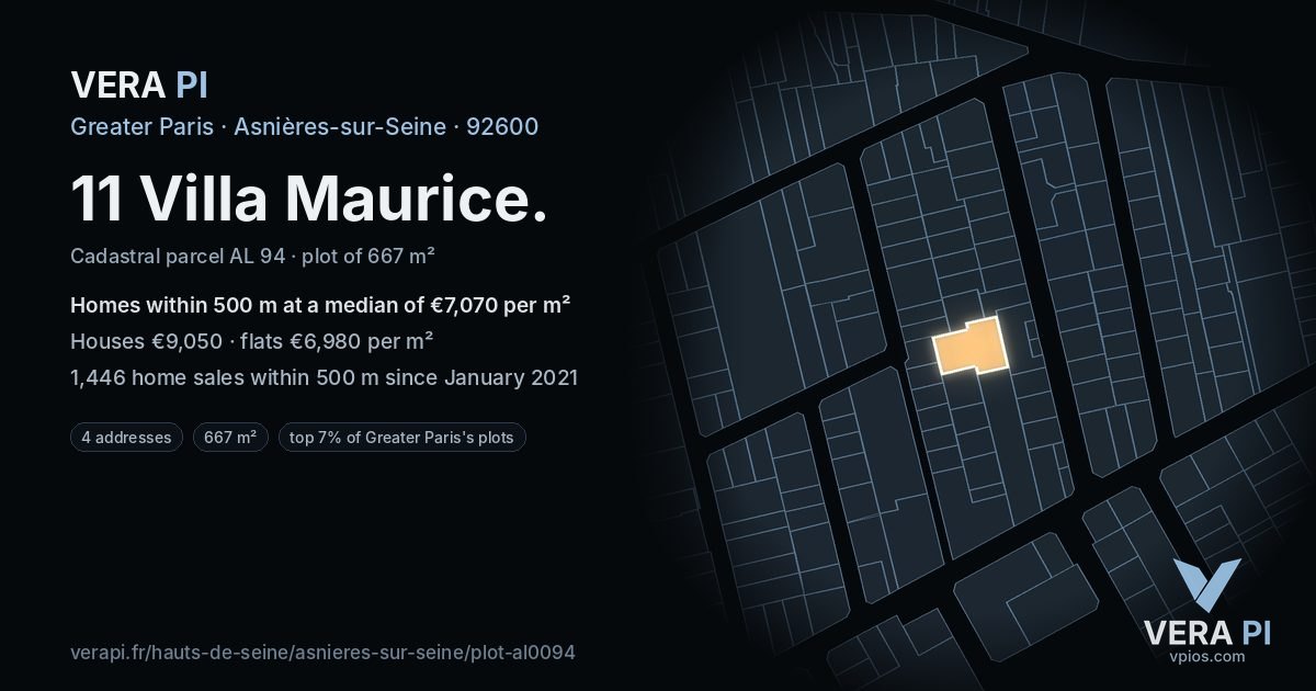 11 Villa Maurice, Asnières-sur-Seine at night – the plot lit, the parcels around coloured by the prices near them