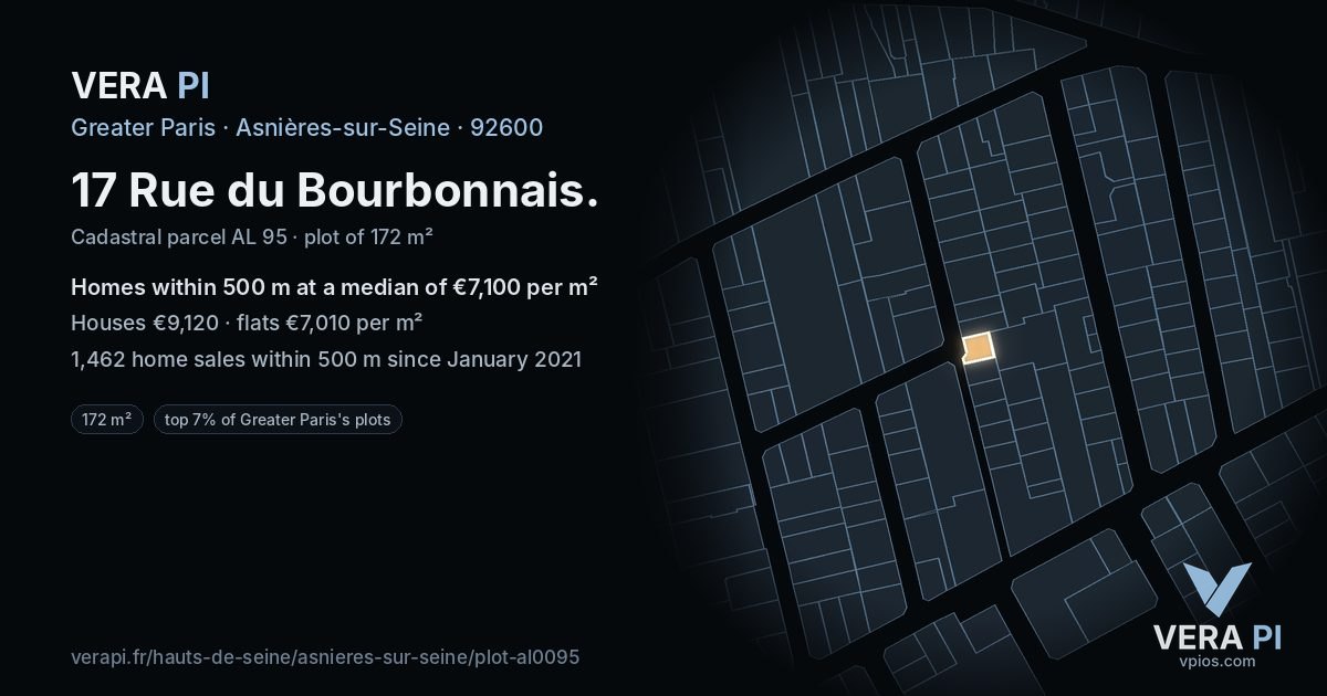 17 Rue du Bourbonnais, Asnières-sur-Seine at night – the plot lit, the parcels around coloured by the prices near them