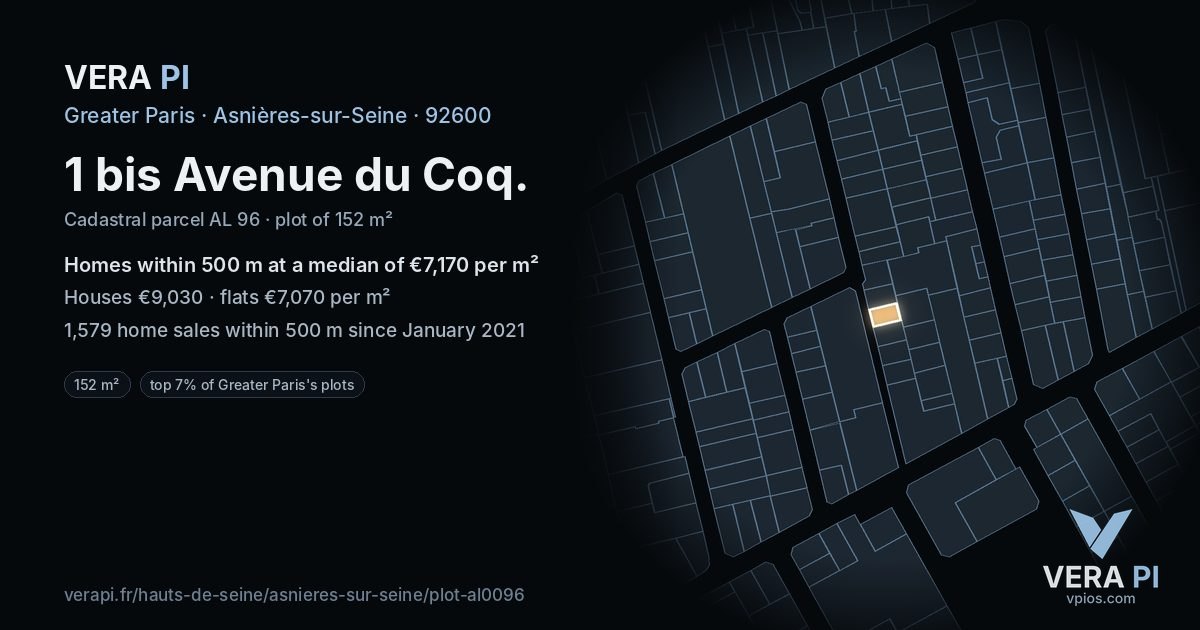 1 bis Avenue du Coq, Asnières-sur-Seine at night – the plot lit, the parcels around coloured by the prices near them
