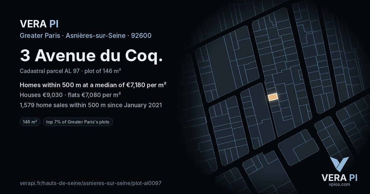3 Avenue du Coq, Asnières-sur-Seine at night – the plot lit, the parcels around coloured by the prices near them
