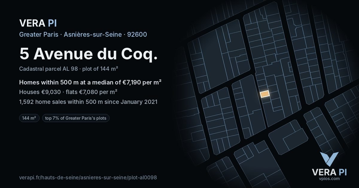 5 Avenue du Coq, Asnières-sur-Seine at night – the plot lit, the parcels around coloured by the prices near them