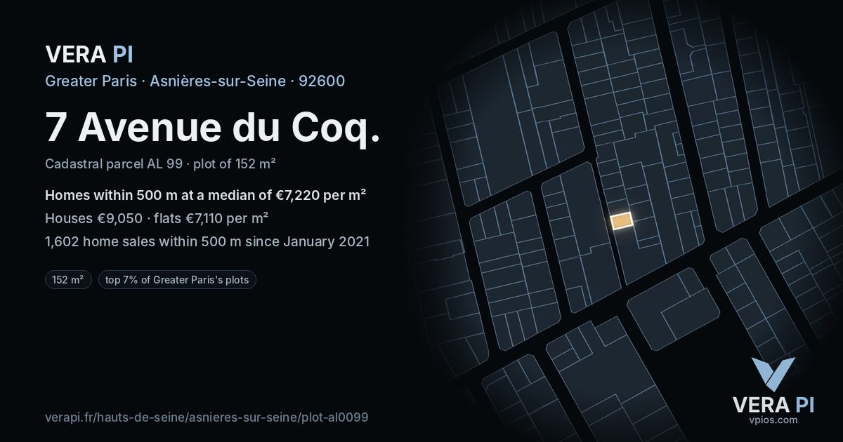 7 Avenue du Coq, Asnières-sur-Seine at night – the plot lit, the parcels around coloured by the prices near them