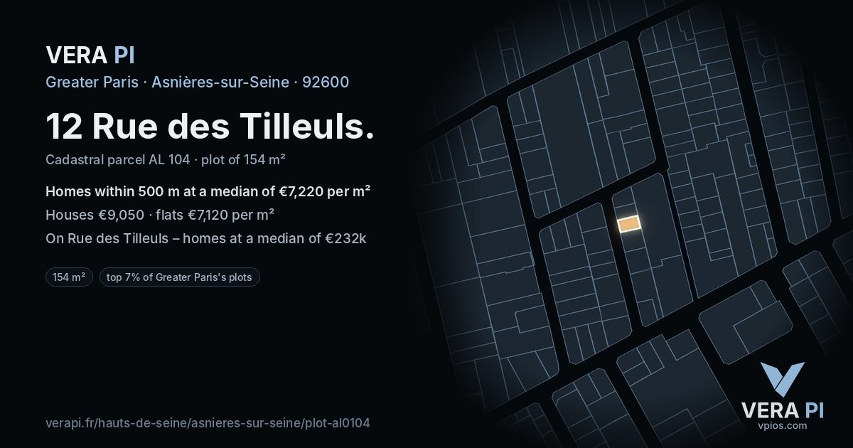 12 Rue des Tilleuls, Asnières-sur-Seine at night – the plot lit, the parcels around coloured by the prices near them