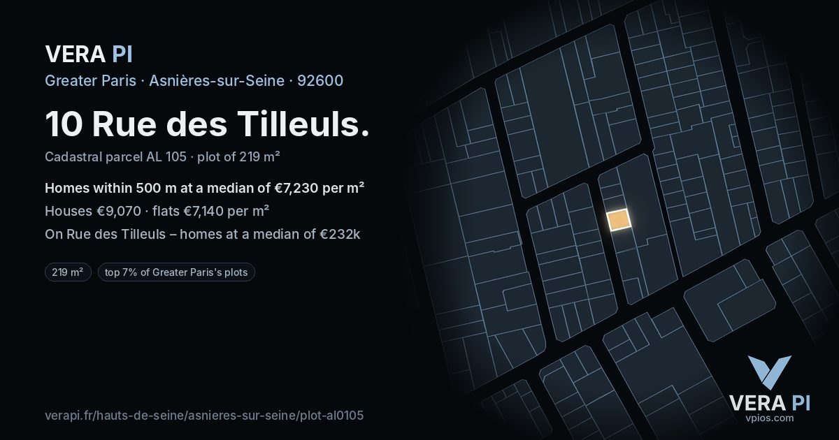 10 Rue des Tilleuls, Asnières-sur-Seine at night – the plot lit, the parcels around coloured by the prices near them